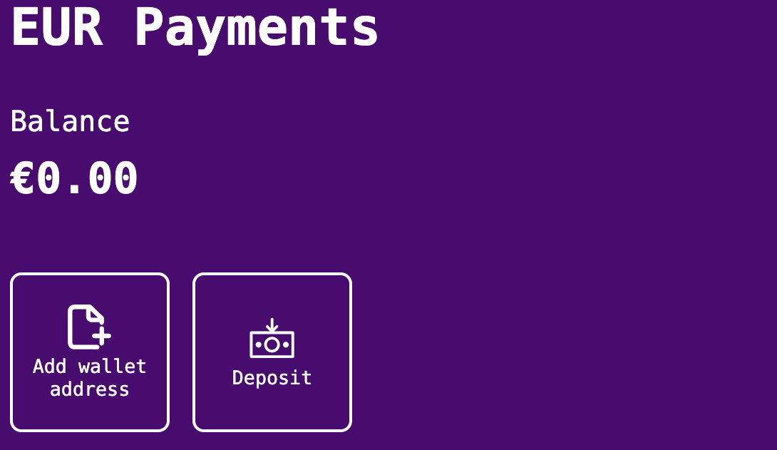 Account options screen showing buttons for deposit and add wallet address